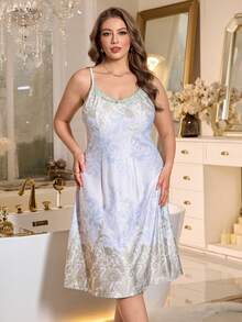 SHEIN MuseNap CURVE Camisón elegante de encaje largo y estampado, cómodo y de talla grande - Verde - Ver 4