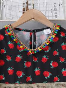 رمضان رداء بياقة على شكل حرف V مع طباعة زهرية مرقعة، وحزام شراشيب ملون، وأكمام ثلاثة أرباع للبنات