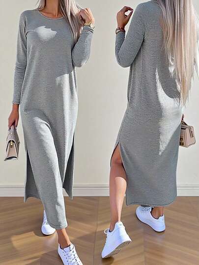 EMERY ROSE 大码女式灰色圆领长袖休闲开衩下摆连衣裙
