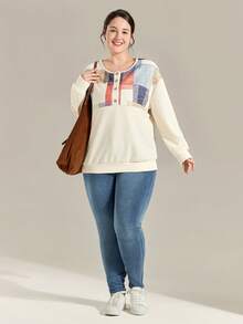 Momelise Plus Size Women Geometric Print Button Half Placket Drop Shoulder Long Sleeve Casual Loose Sweatshirt,Beige,Autumn,Smart Casual,Picnic Quilted Tops - Multicolor - View 4