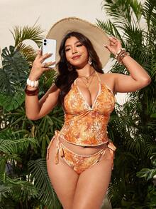 Swim Vcay 2026 New Vacation 2-Piece Y2K Bohemian Lace Trim Camisole Bikini Set, Orange Sexy Casual Resort Beach Party Outfit, Spring/Summer - Multicolor - View 4