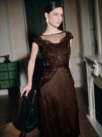 Anewsta Women's Popular Bohemian Style High-End Banquet Patchwork Tassel Beaded Dress