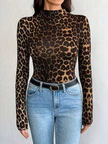 SHEIN Tall 3pcs/Set Solid Color & Leopard Print Tight Fit Basic Layering T-Shirts, Casual Autumn/Winter - Multicolor - View 7