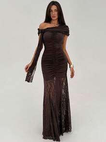 Aloruh 露肩褶皱优雅连衣裙，蕾丝鱼尾裙摆，适合节日、婚礼、生日、毕业典礼等场合 - 巧克力棕 - 查看 8