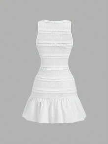 SHEIN Sweetro Spring/Summer Round Neck Lace Ruffle Textured Jacquard Bodycon Slip Dress, Elegant Luxurious Sexy, Suitable For Dates And Parties - White - View 2