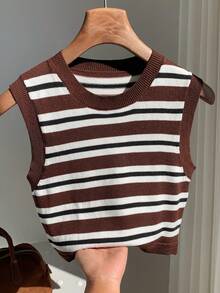 Comfortcana 条纹无袖休闲针织撞色毛衣背心 - 彩色 - 查看 8