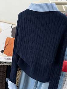 Resyla Women's Striped Print Embroidered Button-Front Long Sleeve Knit Cardigan - Navy Blue - View 2