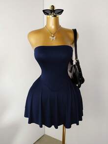 Mistrie 女士纯色收腰修身优雅无袖抹胸连衣裙 - 藏蓝色 - 查看 5