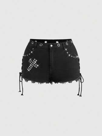 Grunge Punk Plus Size Women Dark Cross Rivet Vintage Lace-Up Low Waist Distressed Denim Shorts