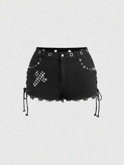 Grunge Punk Pantaloncini di jeans vintage strappati con vita bassa, rivetti scuri e lacci, taglie comode per donne