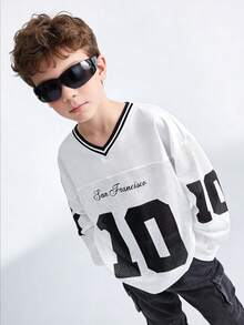 SHEIN Kids/Young Boy Casual Versatile Letter Print Pattern Ribbed Collar Mesh Loose Knit Long Sleeve T-Shirt, Suitable For School, Garden, Beach, Birthday, Spring, Summer, Autumn, Winter - Black and White - View 2