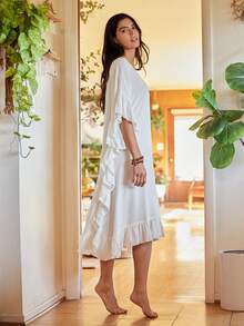 Lullawish Robe maxi ample, élégante et décontractée de style bohème. Robe de nuit à volants plissés pour femmes, convient pour le loungewear ou la tenue de sortie - Blanc - Voir 5