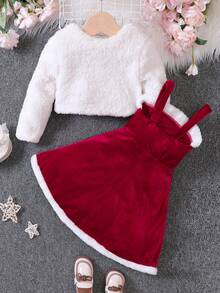 SHEIN Young Girl Open Front Teddy Jacket & Contrast Trim Cami Dress - Multicolor - View 2