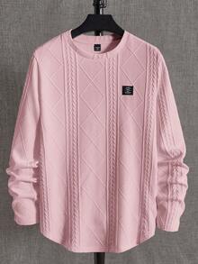 EASEVO 加大码男士宽松针织麦穗菱形图案圆领长袖T恤 - 淺粉色 - 查看 5