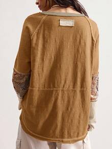 Bohemela 秋冬波西米亚风度假休闲拼接长袖宽松水洗女式印花T恤 - 杏色 - 查看 6