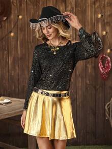 LanaWest Women's Western Casual Asymmetric Neckline Single Shoulder Strap Heavy Foil Star & Meteor Pattern Holiday New Year Party Wearable T-Shirt - Black - View 3