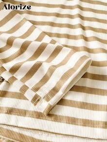 Áo thun tay dài cổ chữ V kẻ sọc thường ngày dành cho bé gái, đa năng khi đi dạo, mua sắm, đi làm, đi học, du lịch, có thể kết hợp với áo khoác, áo ba lỗ, quần dài, quần nỉ - Màu be - Xem 3