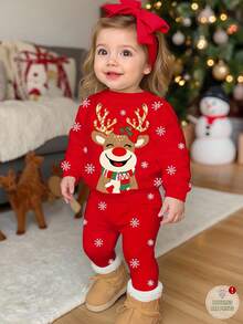SHEIN 2 件套女婴可爱卡通驯鹿和雪花印花，红色喜庆，休闲针织柔软厚圆领长袖运动衫和紧身裤套装，适合秋冬圣诞节 - 彩色 - 查看 1