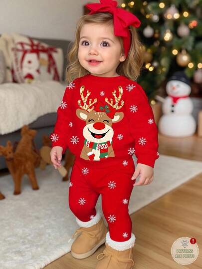 SHEIN 2 st. söta tecknade renar och snöflingor till babyflicka, röda festliga, avslappnade stickade mjuka tjocka rund halsringade långärmade tröjor och leggings set, lämpliga för höst/vinter jul