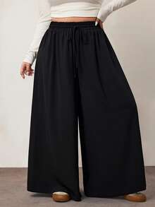 Enliva 女士大尺碼黑色寬鬆喇叭褲，夏日必備 - 黑色 - 查看 8