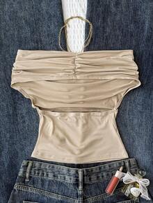 Áo cánh bó màu trơn đa năng cho bé gái tuổi teen, trang phục thường ngày mùa hè, thiết kế hở vai cổ cao, thanh lịch và duyên dáng, thích hợp cho các ngày lễ, phong cách đồng quê, kỳ nghỉ ở bãi biển, tiệc trà chiều và các dịp khác, phong cách trang trọng, có thể mặc như áo khiêu vũ hoặc áo cánh dễ thương - Màu be - Xem 2