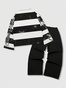 ROMWE MEN Street Life 2pcs Men's Casual Street Style Set, Top + Sweatpants - Black - View 2