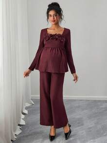 Momance Bộ đồ bầu 2 món: Áo dài tay xếp ly dáng chữ A họa tiết hoa 3D, quần ống đứng cạp chun rút - Màu Tím - Xem 3