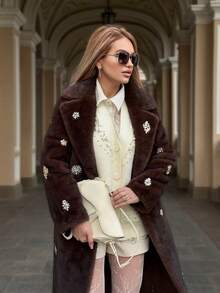 FLORETTA ÉLENA Mantel Panjang Bulu Imitasi Rhinestone Buatan Tangan, Cocok untuk Musim Gugur, Musim Dingin, Acara Jalan-jalan, Elegan, Formal, Pesta, Chic, Tahun Baru, Mantel Musim Dingin Wanita, Natal, Kerja, Wisuda, Pernikahan - Coffee Brown - View 4