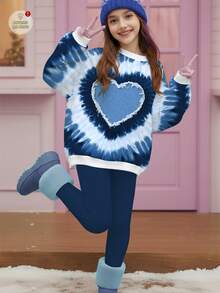 2pcs Tween Girls Casual Fashionable Tie Dye Blue Heart Print Sweatshirt And Leggings Set, Comfortable Fit, Suitable For Autumn/Winter Sweat Sets Tweens Comfy Girls Blue Sets Sumwon