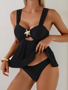 Swim Basics Women's Hollow Front Ruffle Hem Tankini Swimsuit Set - Black - View 3
