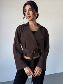 Firerie Women's Elegant Casual Commuter Fashion Street Casual Coffee Brown Solid Suede Long Sleeve Ladies Trench Coat With Belt, Short Sleeve Trench Coat, Spring Autumn Winter , Commuter, Elegant, Casual, Work - Brown - View 6