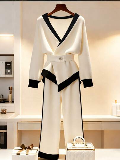 GlowEve New Casual Loose Contrast Trim V-Neck Long Sleeve Metal Buckle Belt Decor + Straight Leg Pants High Quality Knit Fabric Women 2-Piece Set