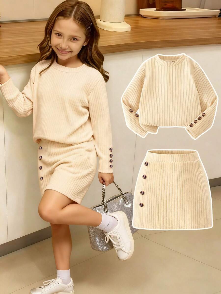 Elladie kids 2pcs/Set Young Girls Pink Textured Long Sleeve T-Shirt And Textured Button Skirt Girls Ribbed Set Girl Knit Set Skirt Two Piece Set Kids - Apricot - View 1