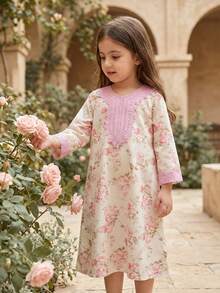 SHEIN Girls Yellow Ditsy Floral Long Sleeve Dress, Fashionable Ruffle Design Casual Wear For Outings, Spring/Autumn 7th Birthday - Pink - View 6