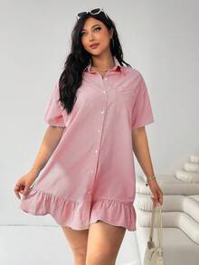 SHEIN EZwear Đầm suông rộng tay ngắn kẻ sọc xanh navy và trắng, viền bèo nhún, cỡ lớn, thích hợp mặc khi đi làm, trở lại trường, thường ngày, hẹn hò, đi chơi - Đỏ và trắng - Xem 3