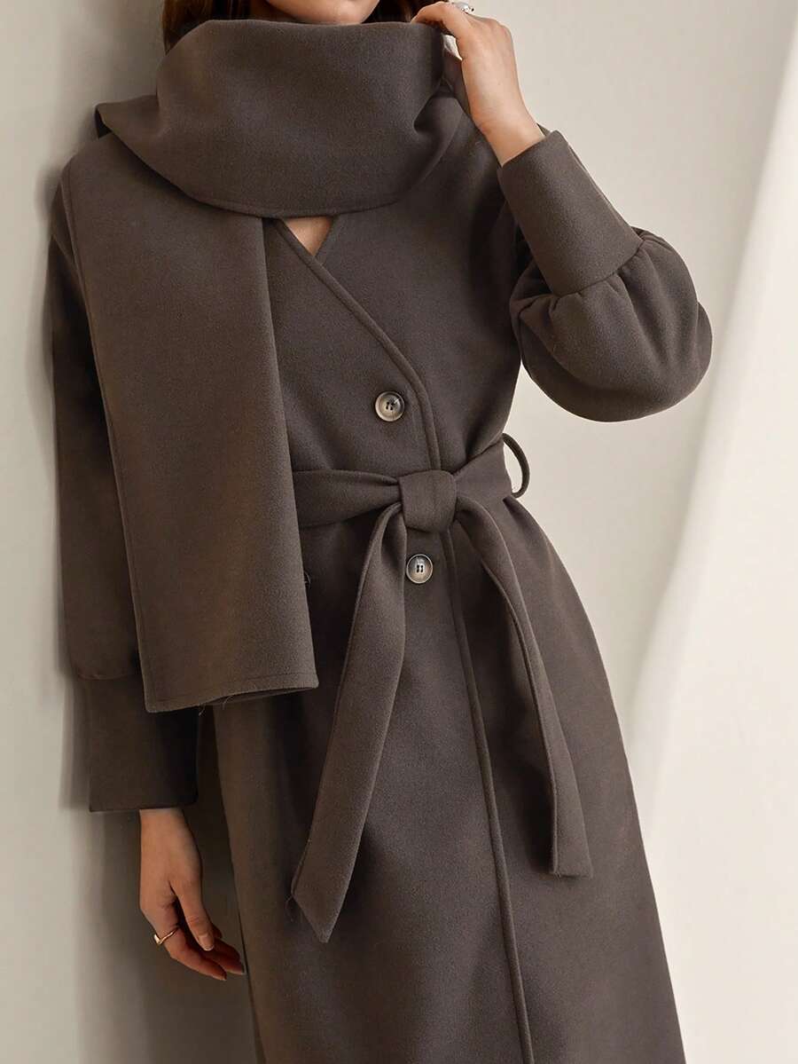 CLARA VERO Women's Long Coat With Draped Collar And With Shawl, Elegant And Warm Outerwear - Chocolate Brown - View 1