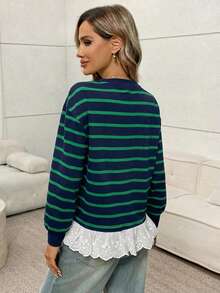Easowa Striped Print Guipure Lace Hem Drop Shoulder Sweatshirt In Fall/Winter - Green - View 2
