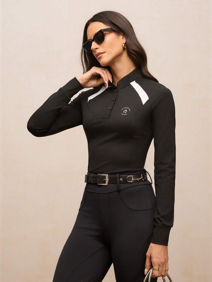 Activina 女士撞色修身半拉链印花长袖马术夹克 - 黑與白 - 查看 1