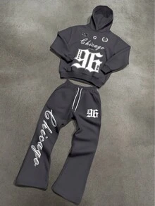 STEELVANCE 两件套男士芝加哥标语印花连帽衫和运动裤套装 - 深灰色 - 查看 2