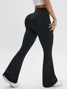 1 par de leggings de yoga para mujer, diseñados para realzar la figura y levantar los glúteos, adecuados para el uso diario, el entrenamiento físico y las actividades deportivas. - Pantalones acampanados 9115LBK - Ver 5