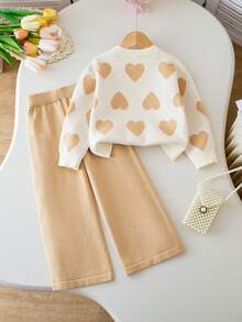 Genkimix Kids Conjunto de 2 piezas de suéter de punto jacquard con patrón de corazón y pantalones negros para niñas y adolescentes, para otoño/invierno - Albaricoque - Ver 2