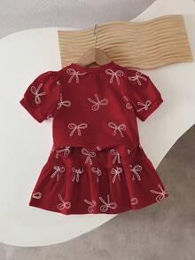 SHEIN Playful Pals Baby Girls' Korean Style Cute All-Over Print Pink Butterfly Knit Short Sleeve Top And Matching All-Over Print Pink Butterfly Knit Skirt, Summer - Burgundy - View 2