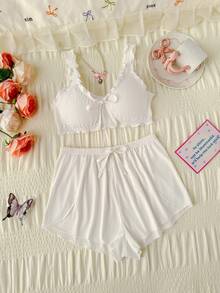 PetitDoll 2pcs Women Solid Color Faux Strap Wireless Comfortable Bra Set - White - View 6