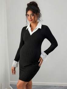 Momance Maternity Casual Black & White Patchwork Long Sleeve Dress - Black and White - View 3