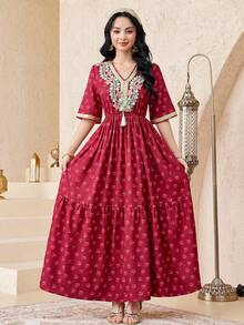 SHEIN Váy đi biển tua rua tròn, hoa cổ áo tương phản màu đỏ tía và đỏ tía cho bé gái tuổi teen, hoa cổ áo màu vàng - Đỏ - Xem 8