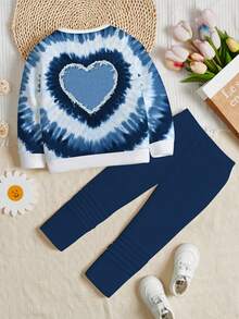 2pcs Tween Girls Casual Fashionable Tie Dye Blue Heart Print Sweatshirt And Leggings Set, Comfortable Fit, Suitable For Autumn/Winter Sweat Sets Tweens Comfy Girls Blue Sets Sumwon