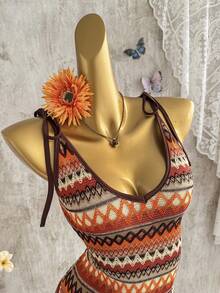 Elamini 色彩缤纷的度假风波西米亚条纹V领吊带露背修身迷你连衣裙，时尚复古简约优雅可爱，适合约会、日常穿着，四季皆宜。 - 彩色 - 查看 1