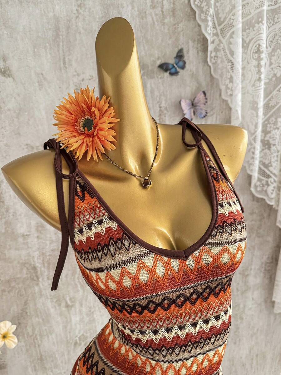 Elamini 色彩缤纷的度假风波西米亚条纹V领吊带露背修身迷你连衣裙，时尚复古简约优雅可爱，适合约会、日常穿着，四季皆宜。 - 彩色 - 查看 1