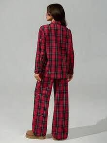 SHEIN Tall Bộ đồ hai mảnh họa tiết kẻ caro đỏ dành cho nữ, thoải mái và giản dị, phong cách Giáng sinh thu đông, thích hợp cho các bữa tiệc và tụ họp, người mua rất vui khi được ăn mừng - Đỏ - Xem 11