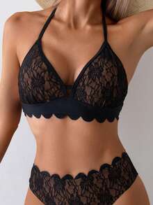 Swim Lushoire Women's Sexy Lace Trim Halter Neck Swimsuit Top, Elegant Beach Wear - Multicolor - View 4